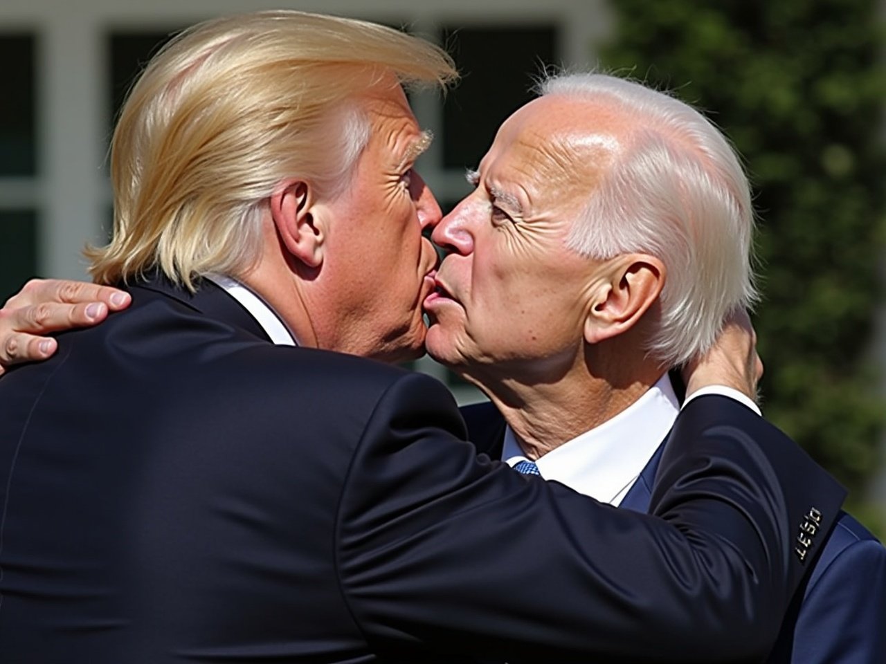 This image features a satirical depiction of a moment between Donald Trump and Joe Biden, where the two are seen sharing a kiss. The scene is humorous in nature and exaggerated, playing into political caricatures. The background consists of a green setting which adds a light-hearted contrast to the seriousness of politics. Both figures are captured in a close embrace, showcasing their characteristic hairstyles. The image draws on cultural references related to political rivalry and media portrayals of political relationships.