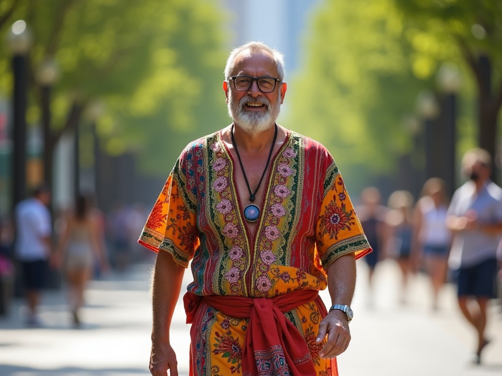 The image features a smiling older man walking down a leafy, sunlit city street. He is wearing a colorful, patterned kaftan that stands out against the blurred background of urban life. The bright sunlight creates a warm, inviting atmosphere, highlighting the cheerful expression of the man as he confidently strides through the scene.