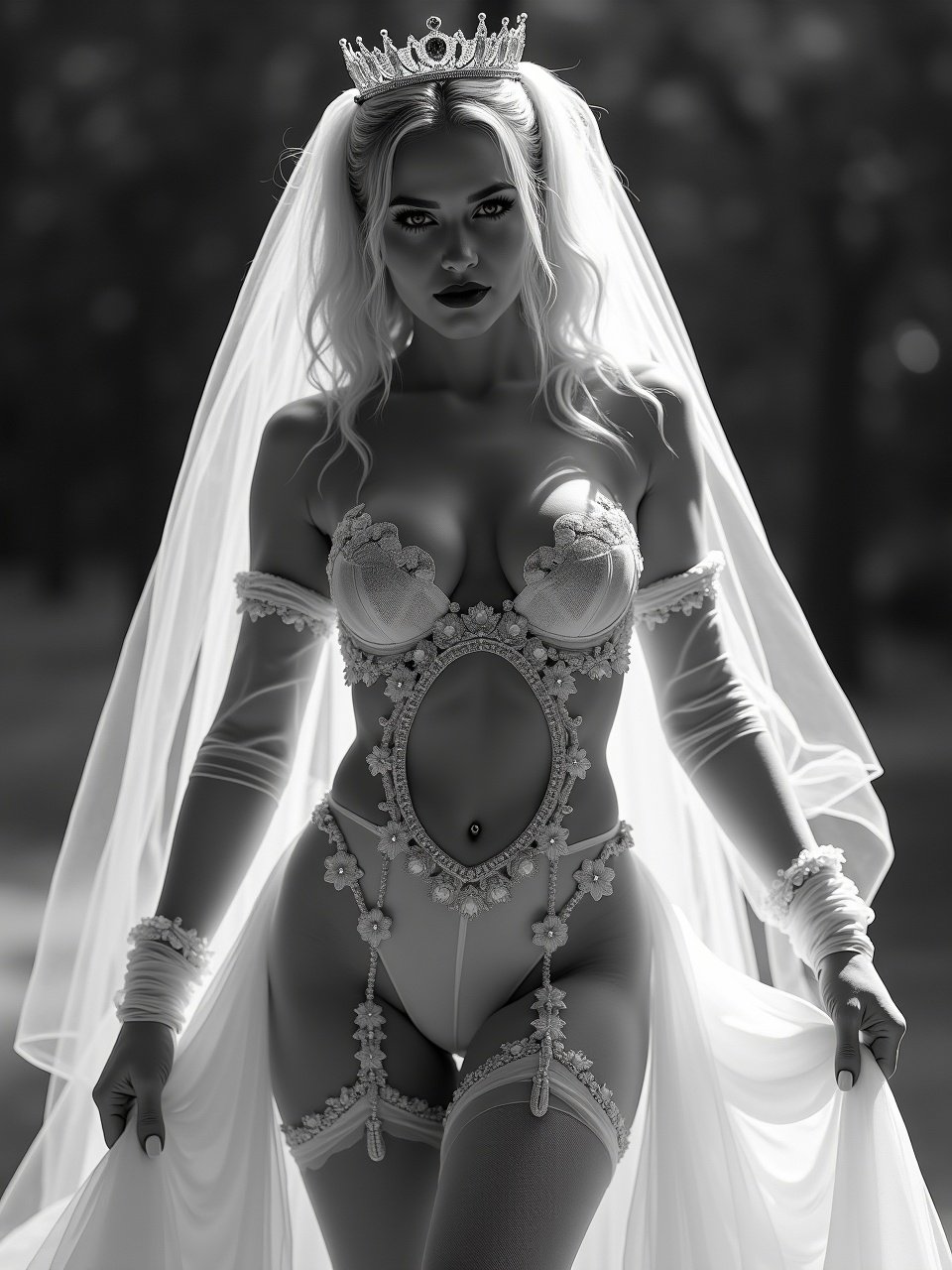 A woman in intricate bridal lingerie wearing a decorative crown, captured in high-contrast black and white, exuding elegance and sensuality.