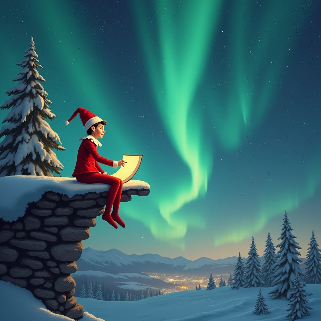 An elf character in a red outfit sits on a snowy cliff, gazing at the night sky. He is carefully writing on a piece of paper, which glows softly under the magical northern lights. The background features a winter landscape with snow-covered trees and distant mountains. The sky is illuminated with vibrant greens and purples from the aurora borealis, adding a whimsical touch to the scene. This image captures the essence of holiday magic and childhood wonder.