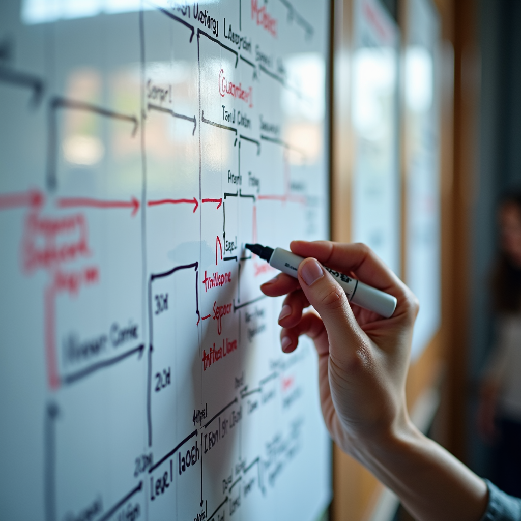 A person draws on a flowchart drawn on a whiteboard with a marker, illustrating a planning or brainstorming session.