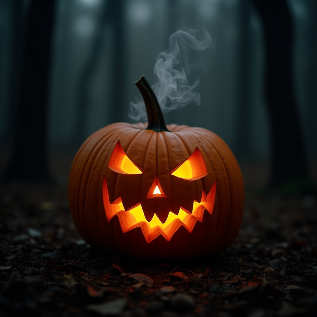 A carved pumpkin with a sinister face glows brightly in a dark, misty forest.