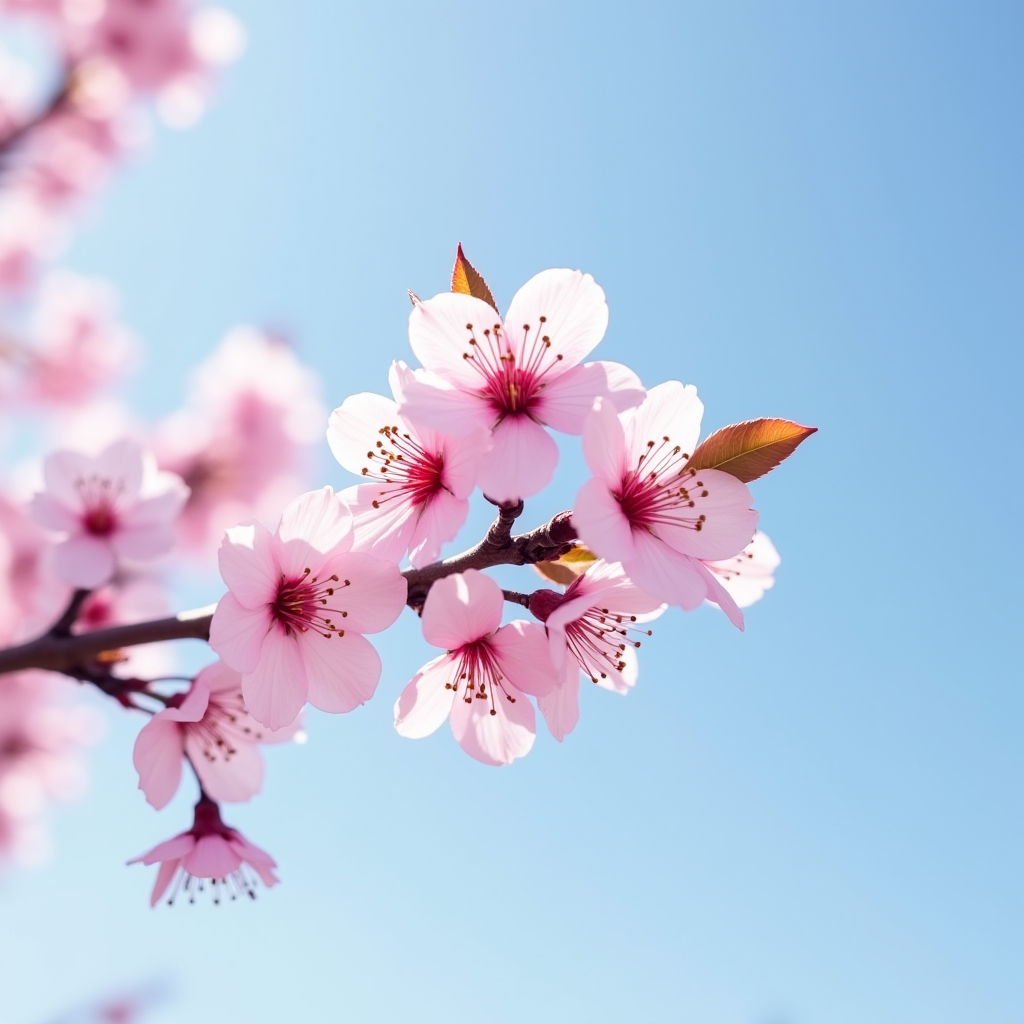 A branch of pink cherry blossoms set against a clear blue sky.