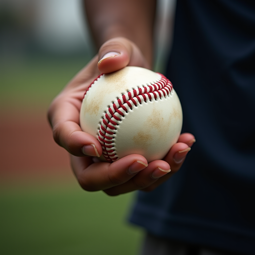 A hand gripping a worn baseball in preparation for a pitch.