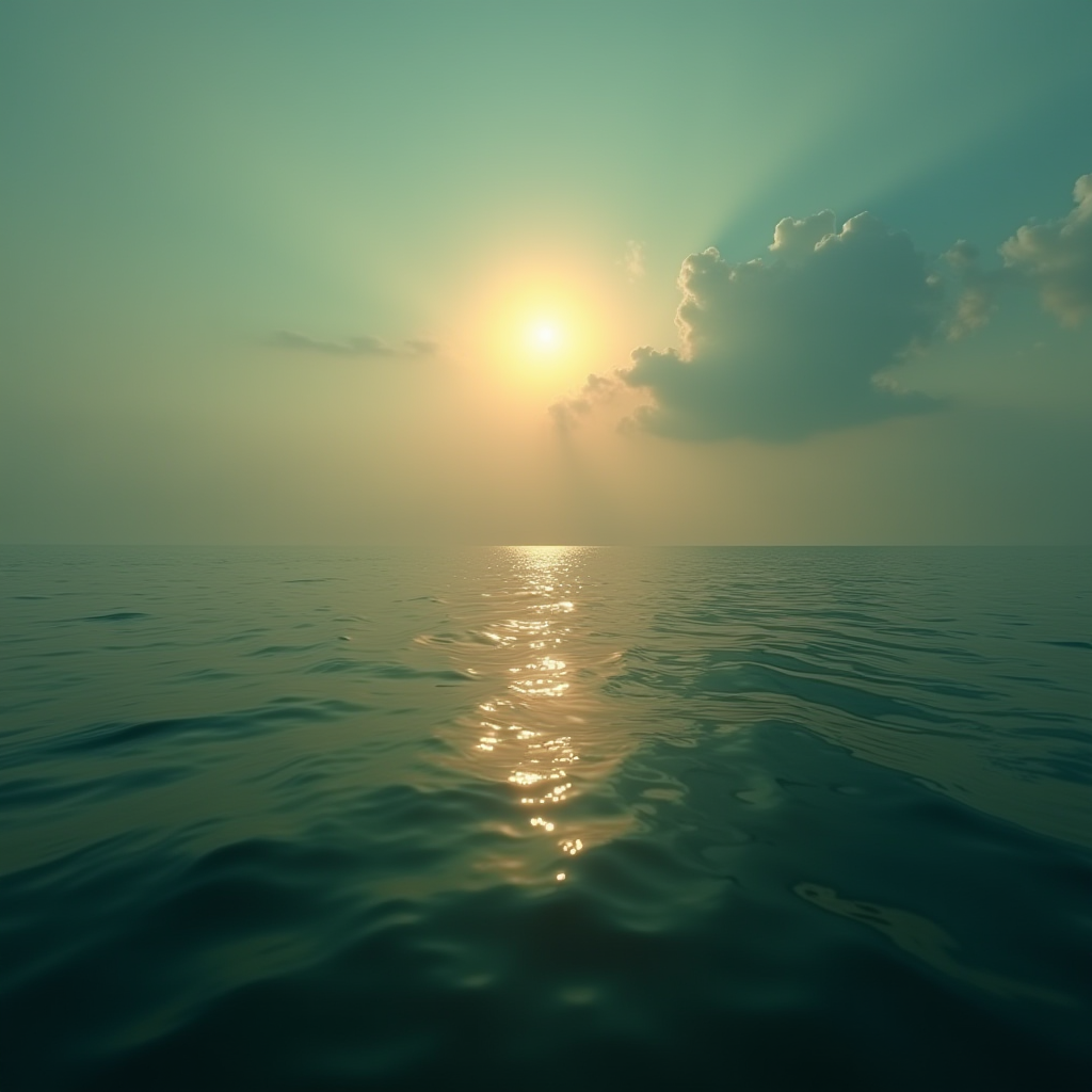 A tranquil ocean scene with the sun setting behind soft clouds, casting reflections on the water.