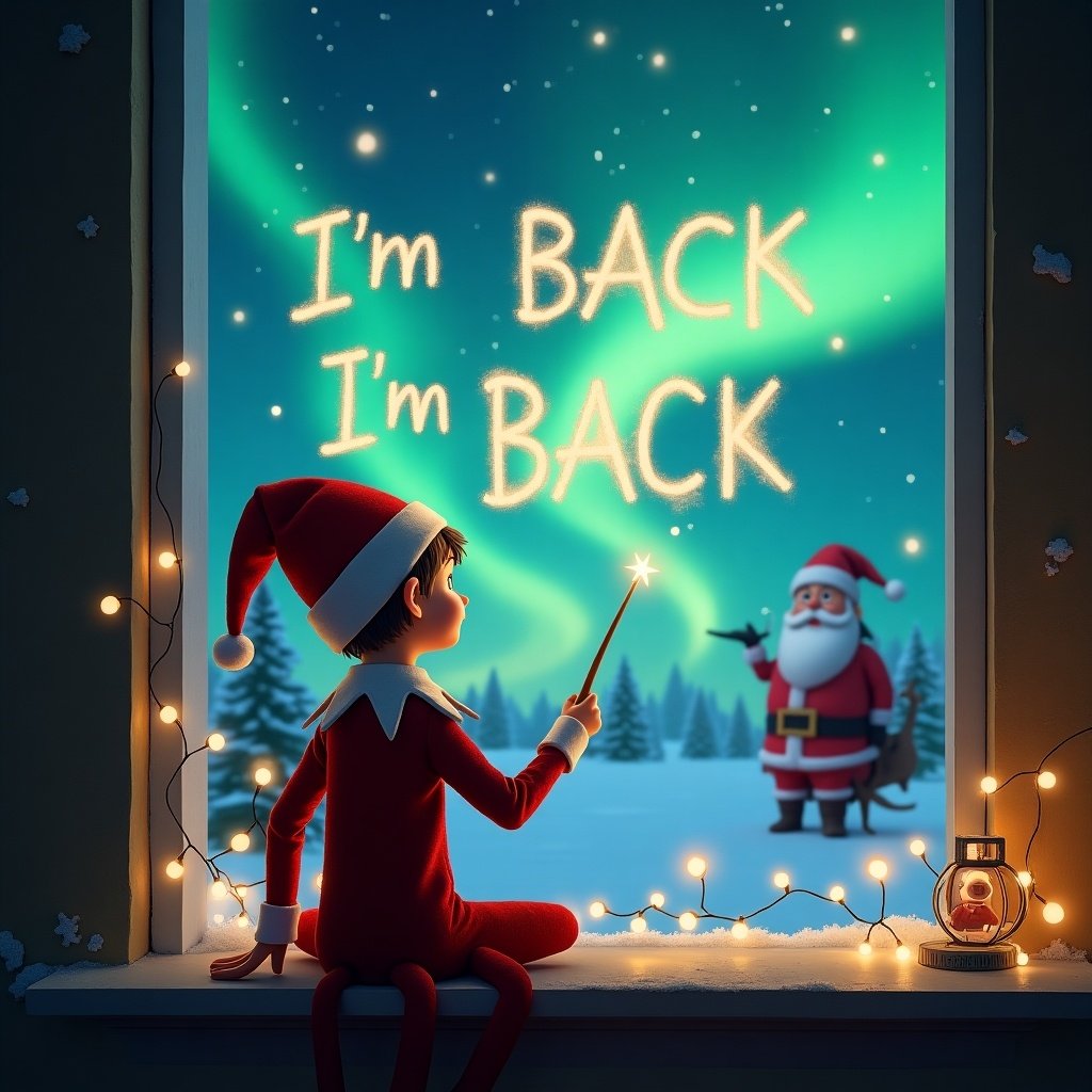 The illustration showcases an elf on the shelf, sitting with his back towards the viewer, gazing out of a cozy window. He is wielding a shimmering wand, writing 'I'm BACK' across the night sky. The background features a breathtaking display of northern lights and a cheerful Santa in the distance. The mood is festive and magical, capturing the joy of Christmas. Twinkling fairy lights adorn the window, adding to the cozy atmosphere.