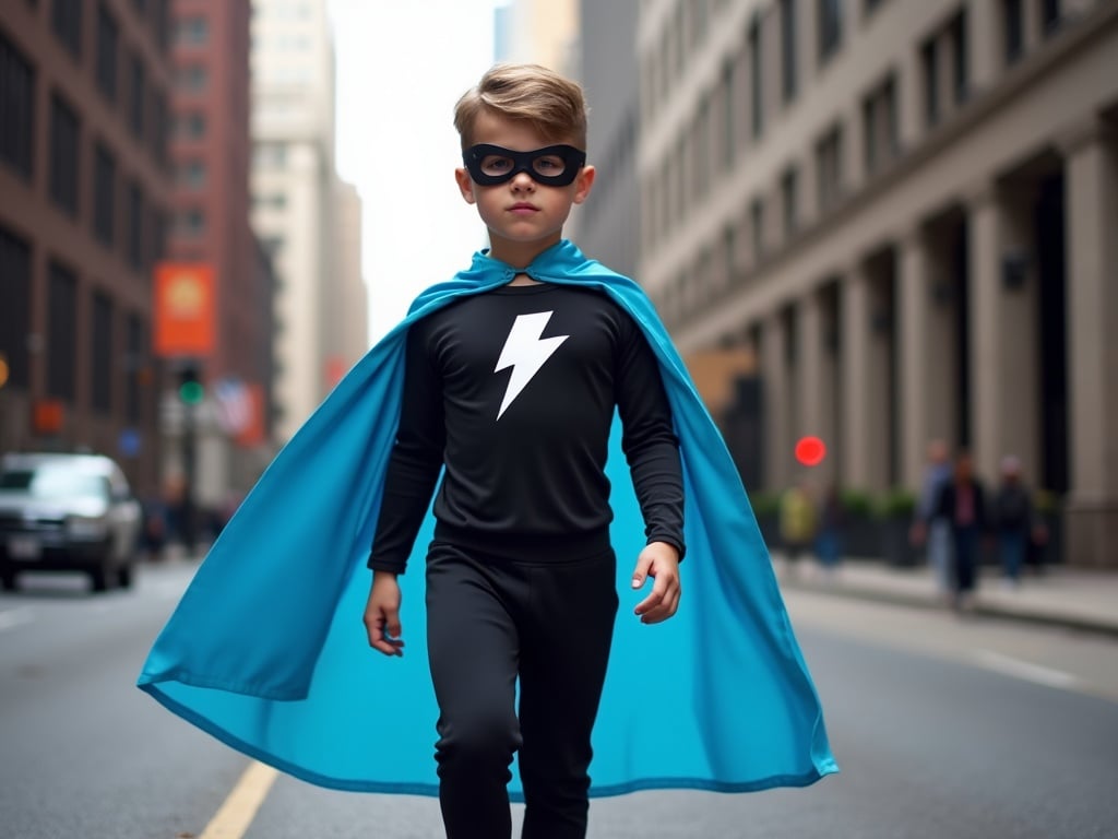 A young child dressed as a superhero walks confidently down a city street.