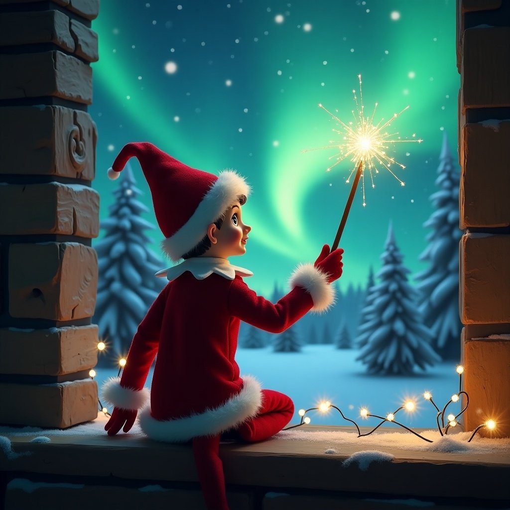 The image features an elf on the shelf sitting on a windowsill, with his back to the viewer. He is gazing up at the sky, using a wand to create magical sparks. The background depicts a captivating Christmas scene with vibrant northern lights illuminating the night sky. Pine trees covered in snow surround the setting, enhancing the holiday atmosphere. The elf's attire is festive, with a bright red outfit and fluffy white trim, embodying the spirit of Christmas.