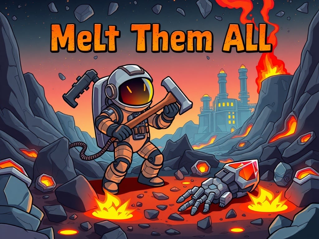 An astronaut in a space suit wielding a hammer over a robotic hand, set against a fiery volcanic landscape, with a futuristic factory in the background. The words 'Melt Them ALL' are prominently displayed above.