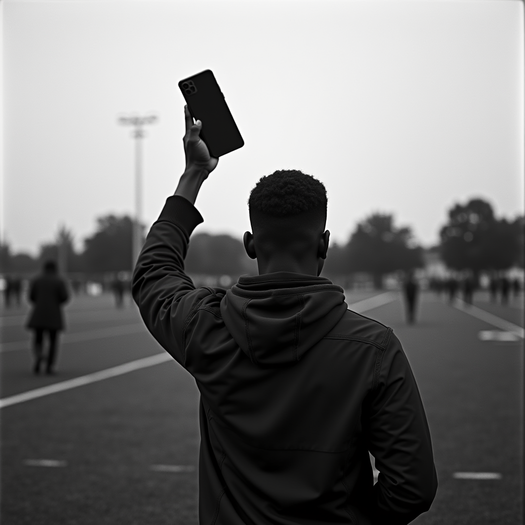 A person holds up a smartphone in an outdoor setting, surrounded by other people.