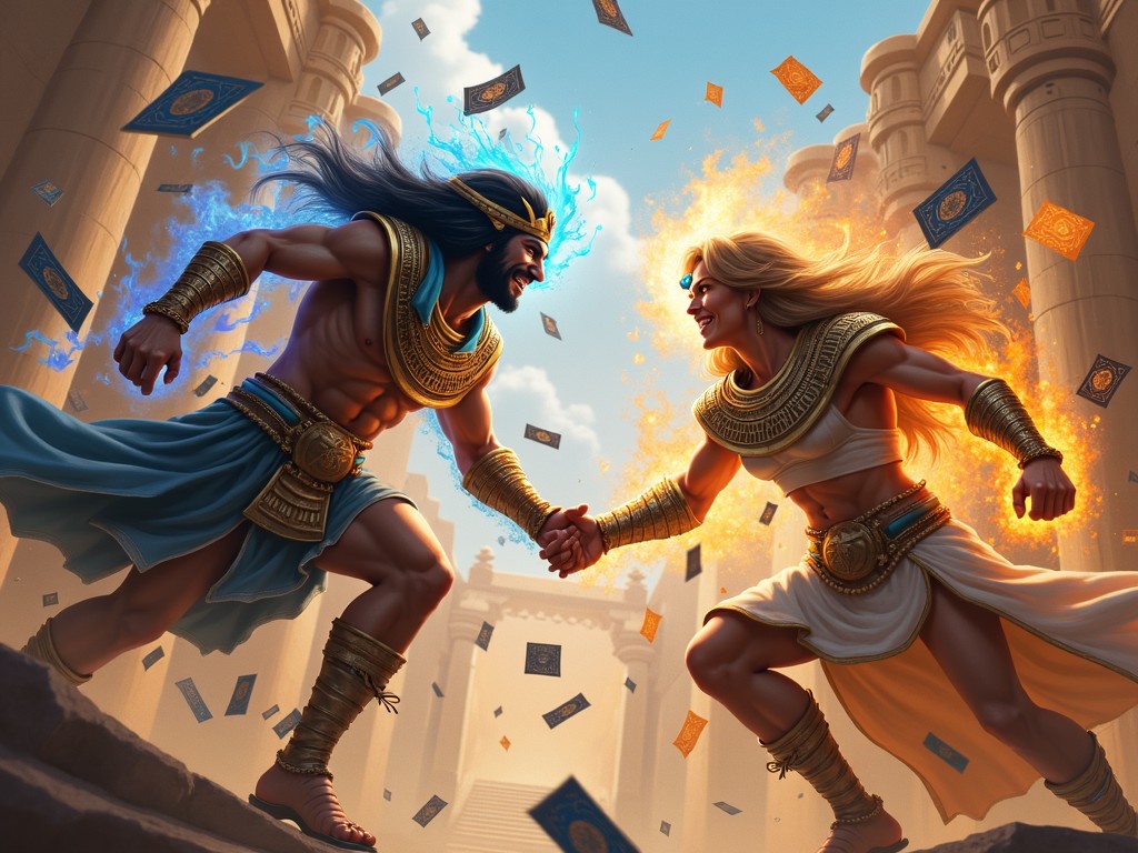 The image depicts two powerful mythological characters facing each other in a grand setting reminiscent of ancient architecture. One character is surrounded by blue flames, while the other radiates orange light, symbolizing their contrasting powers. They are reaching out to shake hands, signifying a moment of respect despite their rivalry. The background features floating blue and gold cards, adding to the card game theme. This artwork combines elements of fantasy and mythology in a vibrant color scheme, capturing the essence of epic confrontations.