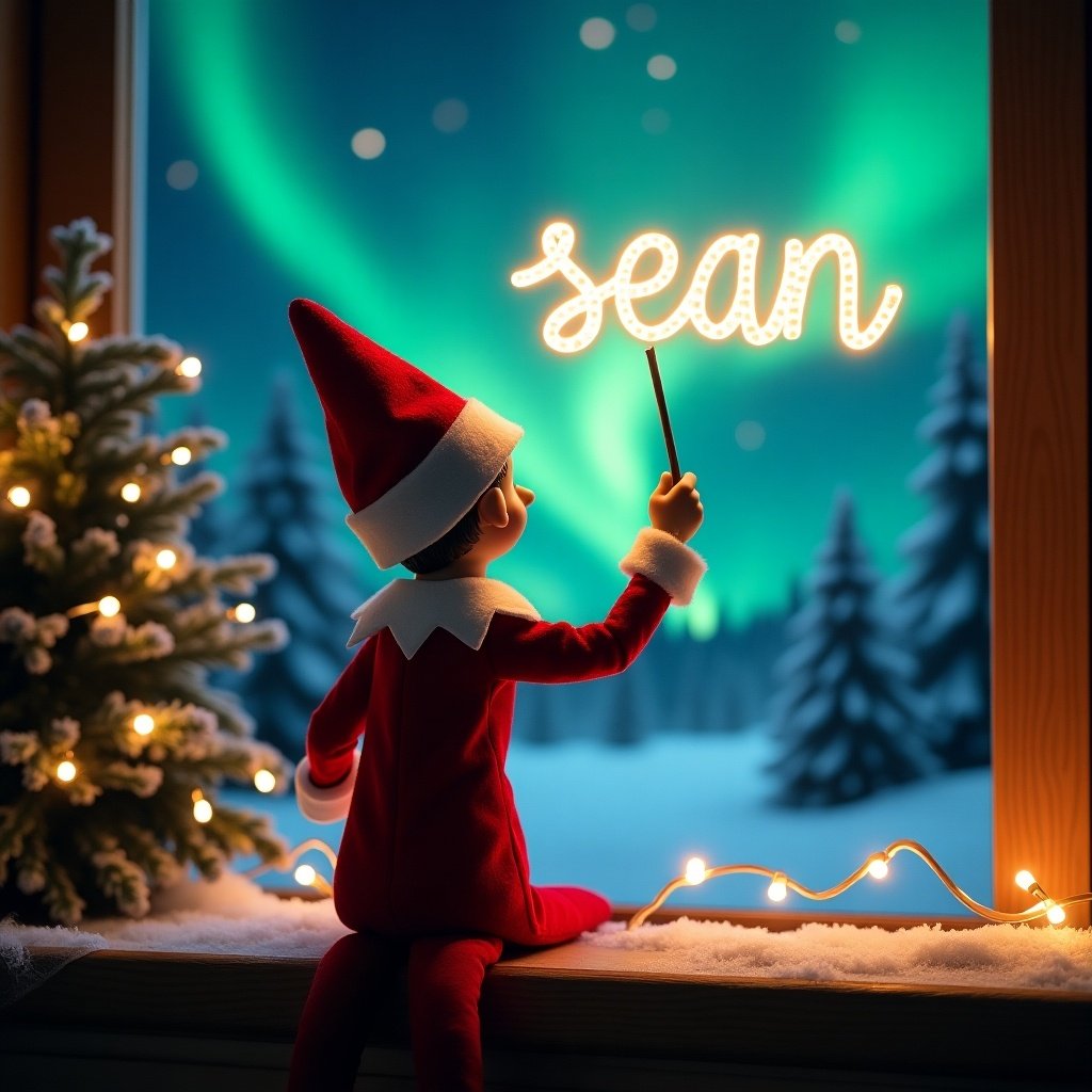 An enchanting Christmas scene showcases an elf on the shelf, seated with his back to the viewer. Dressed in vibrant red and white, the elf raises a magic wand that illuminates the name 'sean' in sparkling script above him. The background features breathtaking northern lights, giving a sense of wonder. Festive decorations, like a snow-covered tree with twinkling lights, enhance the magical atmosphere. This whimsical depiction captures the essence of Christmas joy, evoking feelings of excitement and wonder in viewers.