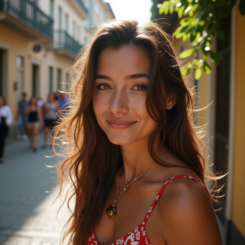 This image captures a young woman with long hair, smiling warmly at the camera. She is wearing a red floral outfit, which adds to her vibrant appearance. The backdrop features a charming street with colorful buildings and soft natural lighting. The scene conveys a relaxed and cheerful atmosphere typical of a sunny day. This photograph beautifully portrays the essence of youthful beauty and casual elegance in an urban environment.