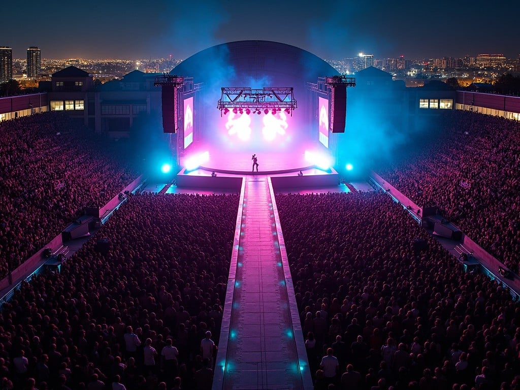 The image showcases a lively concert scene featuring Travis Scott on an arena stage. A catwalk leads from the main stage into the audience, enhancing the intimate connection between the performer and fans. The atmosphere is electrified with dramatic lighting, casting vibrant colors like purple and blue throughout the venue. Observed from a drone perspective, the massive crowd can be seen enjoying the show under a night sky. This dynamic setting captures the excitement of a major live music event.