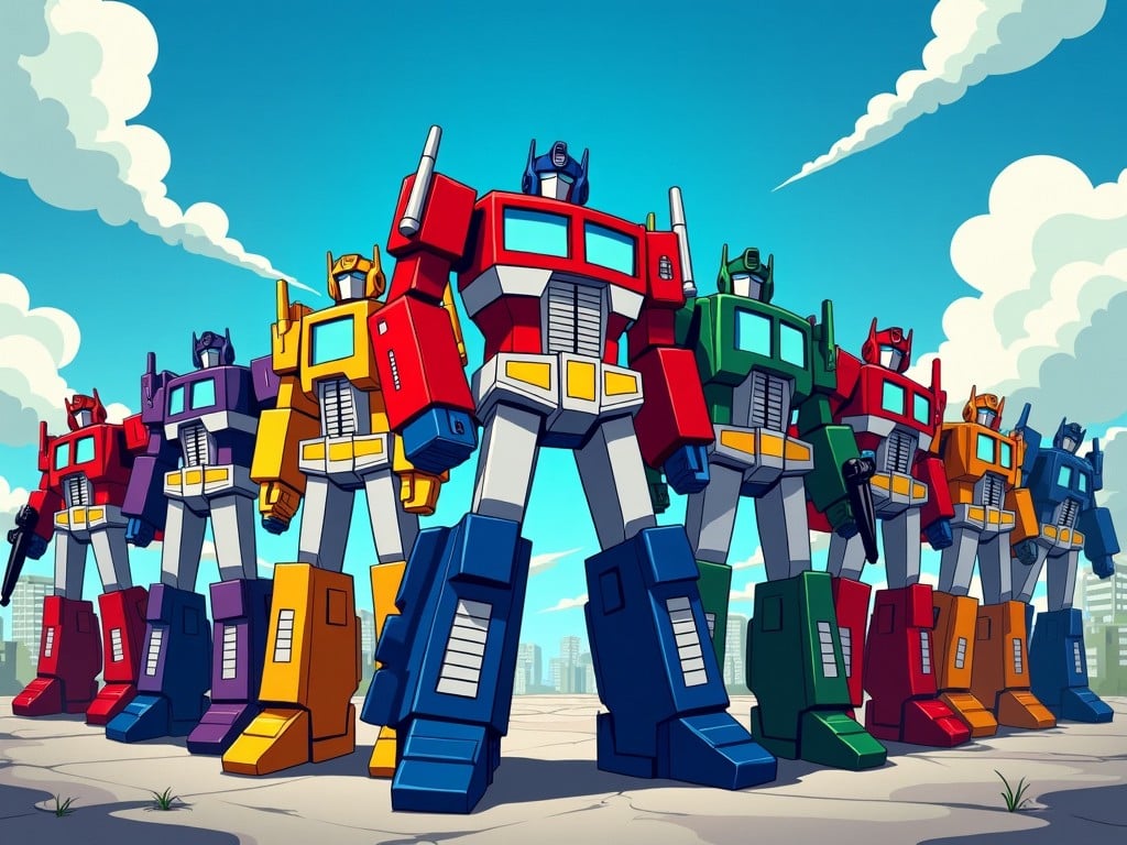 This image showcases a dynamic group of 10 G1 Transformers Autobots, each in different vibrant colors. They stand proudly in a strong pose, ready for action. The scene is set in an open area with a bright blue sky adorned with clouds, giving it an optimistic feel. Each robot features intricate details and distinguishes itself through unique color schemes. This illustration captures the essence of classic 80s animation with a modern twist, appealing to both nostalgic fans and new audiences.