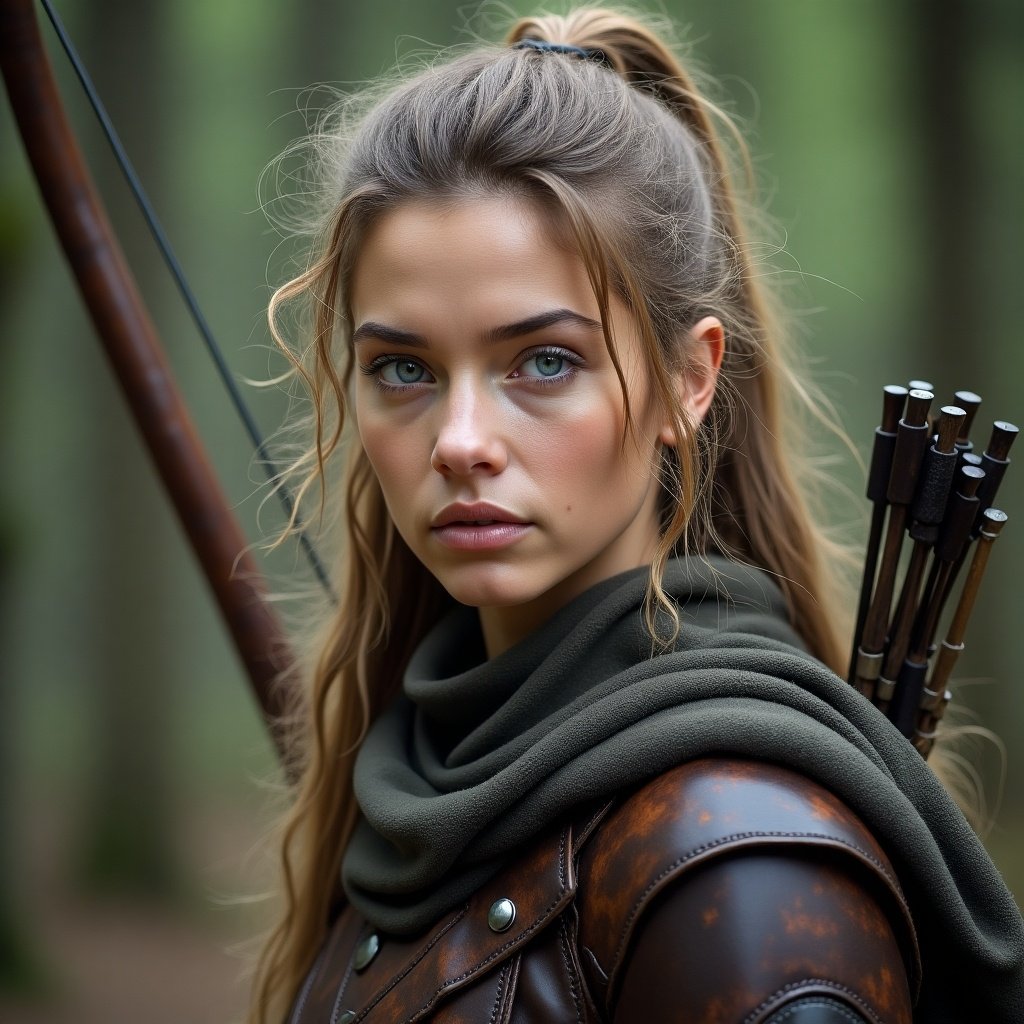 A Caucasian human female mercenary stands in a dense, green forest. She has striking blue-grey eyes and light brown hair tied in a messy ponytail. Dressed in rugged leather armor, she holds a sturdy bow at her side. The atmosphere around her is mysterious and adventurous, reminiscent of a fantasy realm. Her expression is serious yet captivating, drawing attention to her warrior spirit.