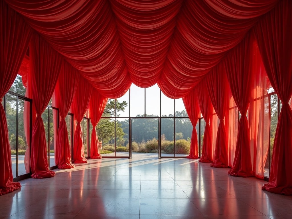 The image showcases an elegantly draped space with rich red curtains accentuating large windows. Natural light filters into the area, illuminating the smooth floor. The drapery creates a soft, inviting ambiance perfect for gatherings. The view outside hints at a serene landscape, enhancing the overall beauty of the scene. This setting could serve as a backdrop for various events, from weddings to art exhibitions.