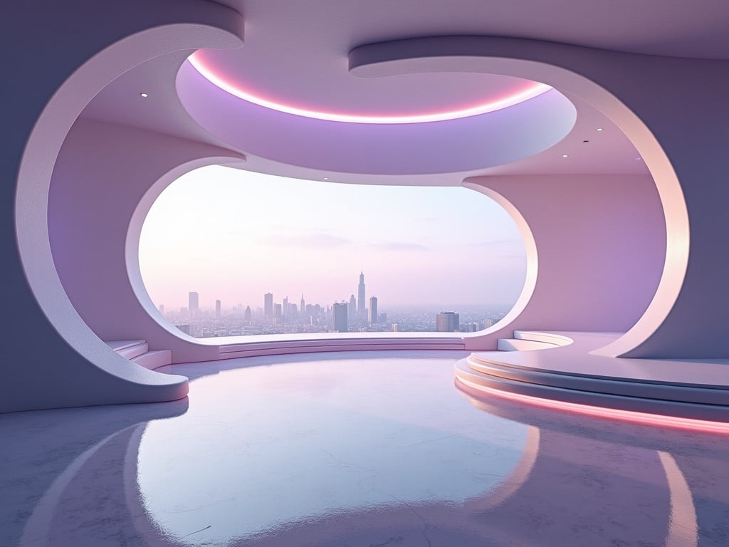 The image depicts a futuristic studio environment. The architecture features smooth, flowing lines and a blend of purple and silver tones. The space is vast and open, with circular sections and a glossy floor that reflects the ambient light. Large curved structures frame the area, giving a sense of depth and modernity. In the background, a city skyline can be faintly seen, suggesting an urban setting. Soft lighting enhances the ambiance, creating a peaceful yet technologically advanced atmosphere.