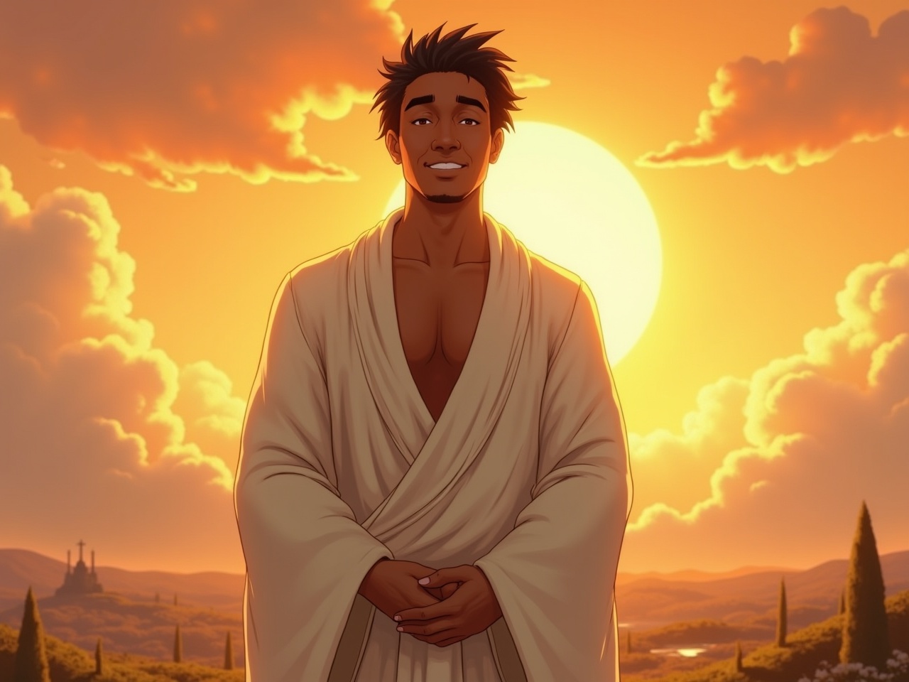 A male figure stands with his hands down, wearing a flowing white robe. He has a caramel skin tone and a closed smile. The background features a stunning sunset with shades of orange and gold, casting a warm glow around him. The landscape is ethereal, with clouds and distant structures adding depth. The atmosphere is peaceful and serene, creating a sense of calm and contentment.