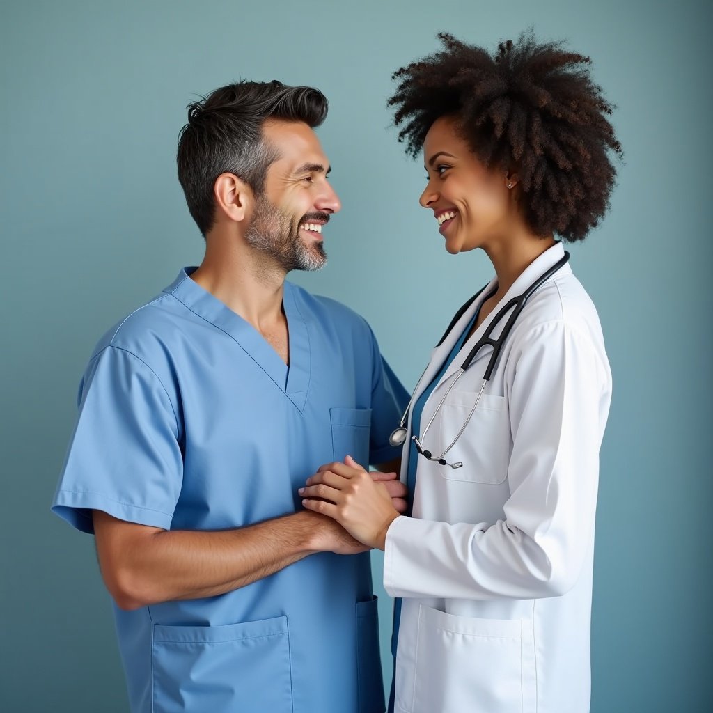 This image features a joyful interaction between a male nurse and his wife, a female doctor. They are smiling and holding hands, showcasing their affectionate relationship. The male nurse wears a light blue scrub top while the female doctor is clad in a white coat with a stethoscope. The background is a calming light blue color, enhancing the warm atmosphere. This scene captures the essence of love and partnership within the healthcare profession.