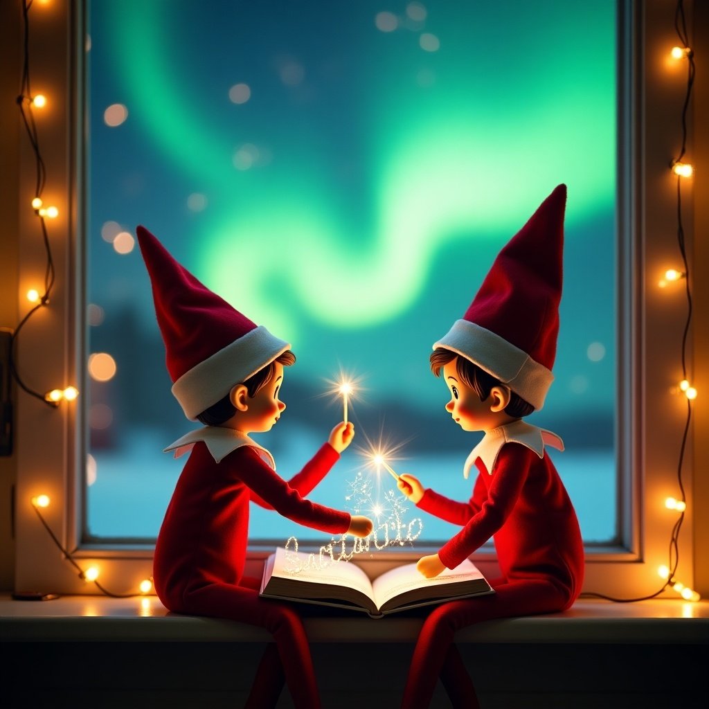 This enchanting image depicts two cheerful elves on the shelf, dressed in iconic red outfits with pointy hats, sitting by a window. They are engrossed in a book illuminated by a soft glow, suggesting the exchange of holiday secrets. Outside, the spectacular northern lights dance in vibrant greens and blues, creating a magical backdrop. Delicate holiday lights frame the window, adding to the festive atmosphere. The overall mood is warm and inviting, perfect for celebrating the spirit of Christmas and anticipation for visits from Santa.