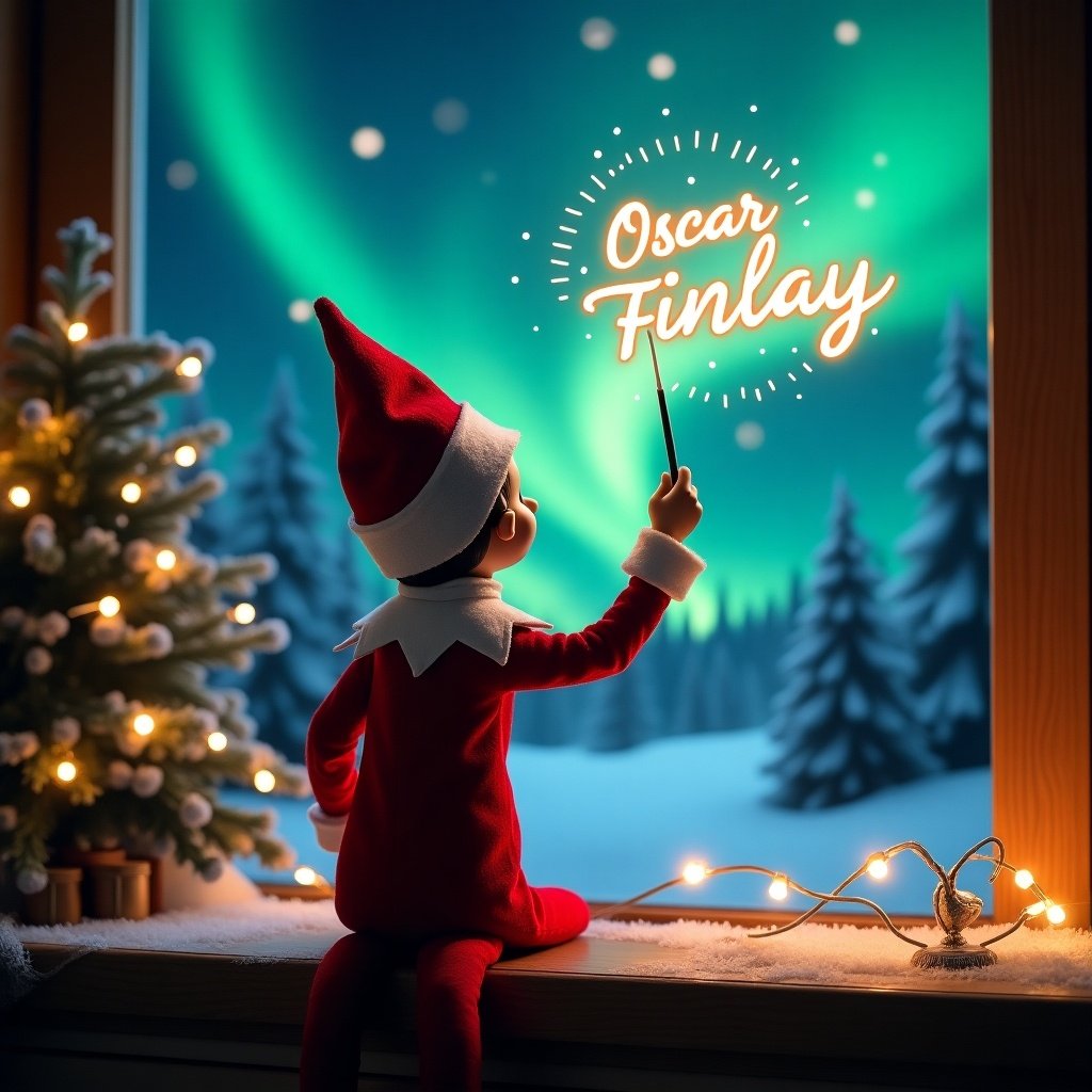 An enchanting Christmas scene featuring an elf on the shelf. The elf, in a red and white outfit, is seen with its back to the viewer. Wielding a magic wand, the elf is writing 'Oscar Finlay' in glowing letters in the night sky. Behind him, captivating northern lights create a magical backdrop. A decorated Christmas tree adds to the festive atmosphere, radiating warmth and joy. The scene embodies the spirit of Christmas, full of wonder and excitement.