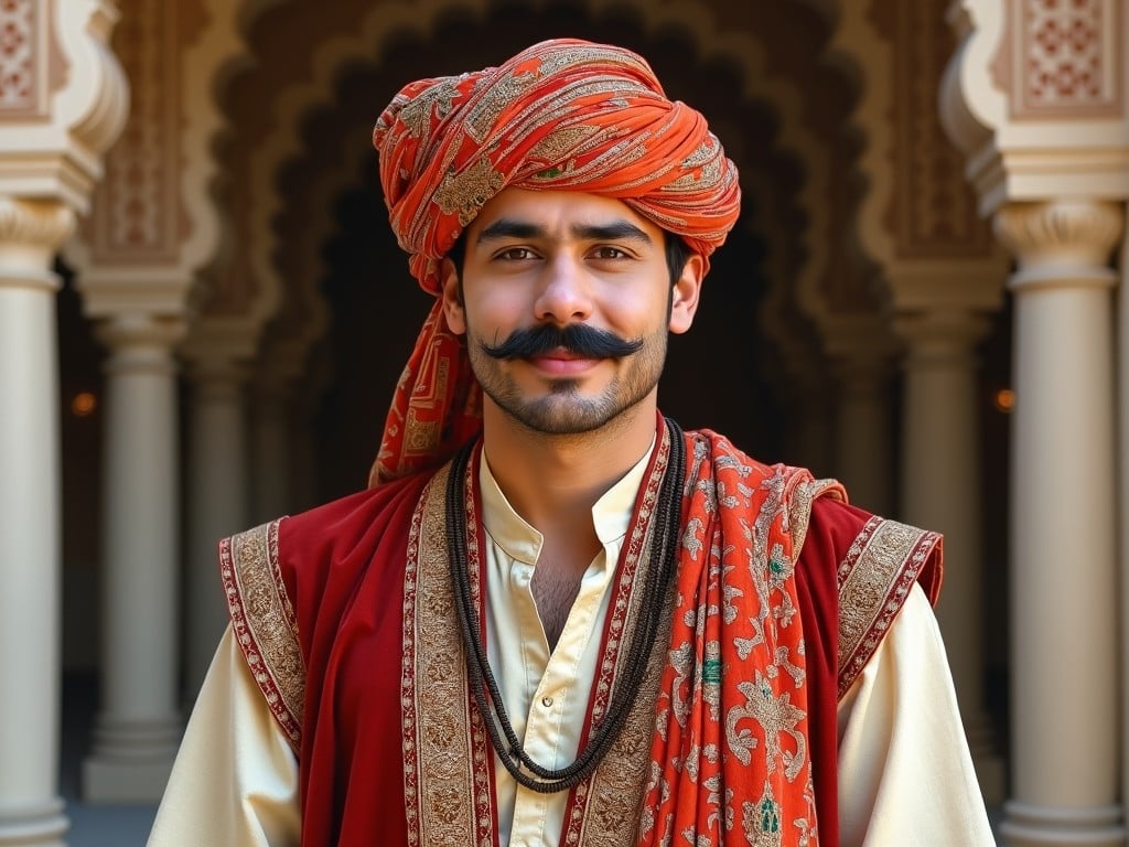 The image features a young man dressed in traditional royal attire. He wears a richly embroidered robe and a distinctive turban adorned with decorative elements. His expression is pleasant, and he has a well-groomed mustache. The background shows an ornate architectural setting, typical of historic palaces, with arches and intricate designs. The colors in the attire are vibrant, adding to the regal appearance. The lighting highlights the details of his outfit and the textures of the background.