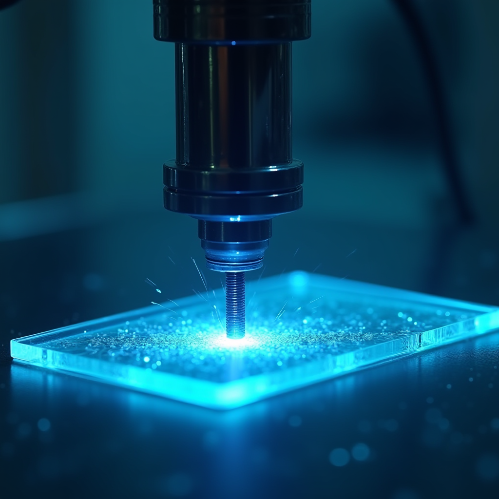 A machine is using a laser to engrave a design on a blue glowing acrylic sheet.