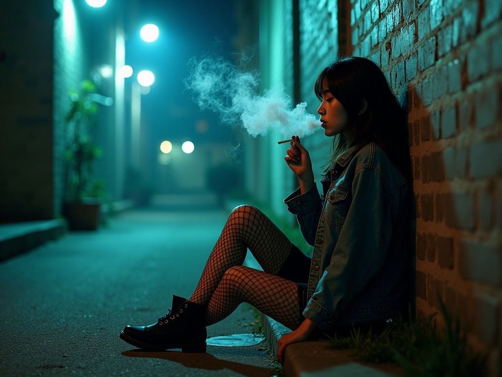 An Asian woman dressed in fishnet stockings and a denim jacket sits against a brick wall in a dimly lit alley. She is smoking, with smoke swirling around her, creating a mystical atmosphere. The setting is clearly at night, enhanced by the moody blue tones from the street lights. The gritty urban environment contrasts with her edgy appearance, evoking a sense of rebellion and coolness. This artful photography captures not just a moment, but a mood that draws viewers in, inviting them to ponder the story behind the image.