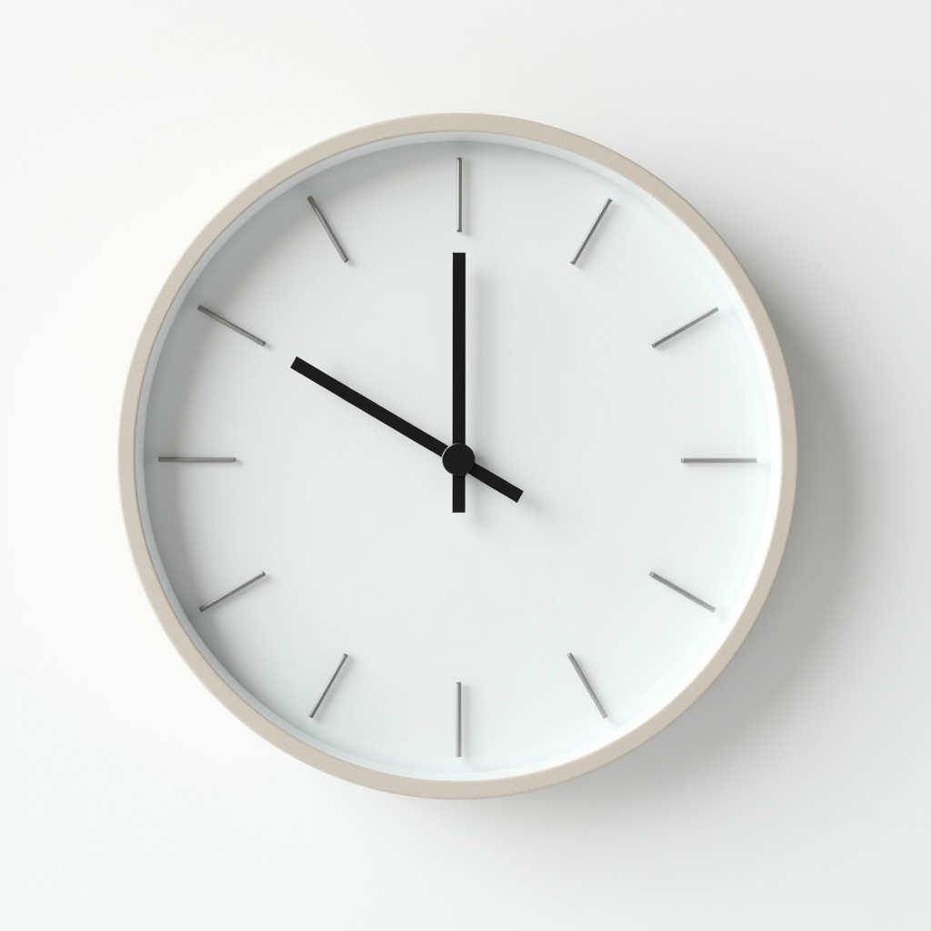 A simple wall clock with a white face and black hands.