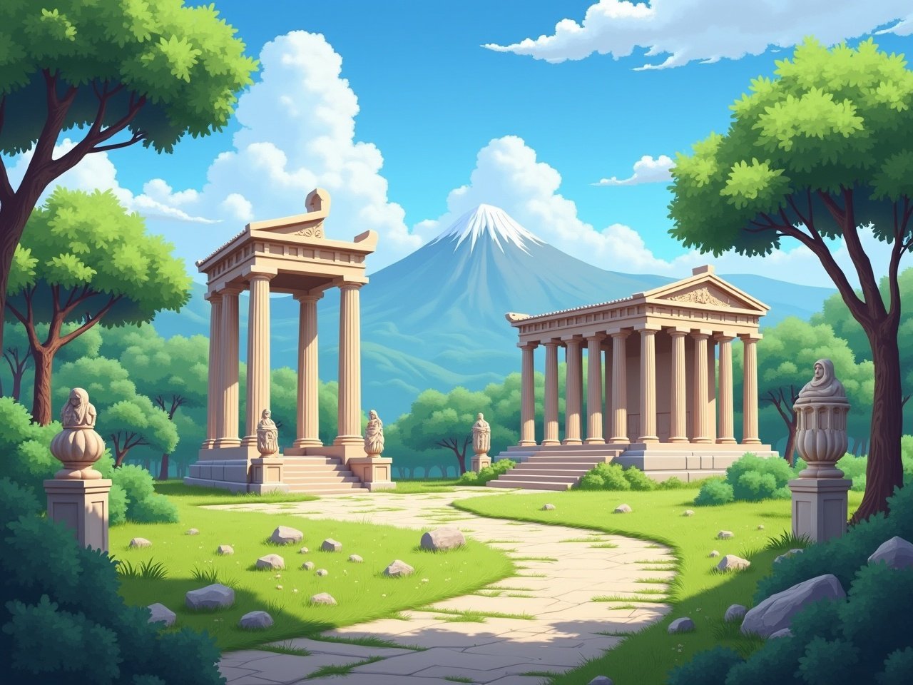 A serene scene of ancient Greek architecture unfolds in this idyllic landscape. Classical columns stand tall among lush greenery, showcasing the grandeur of a bygone era. In the background, majestic mountains rise under a clear blue sky. Statues are strategically placed to enhance the sense of culture and heritage. The overall atmosphere is tranquil, inviting viewers to reflect on the beauty of history.