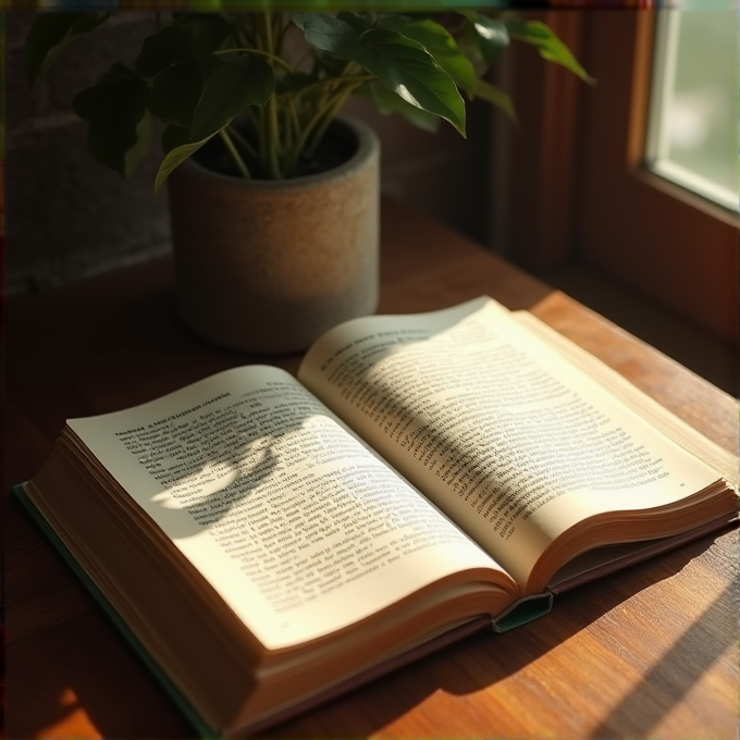 An open book on a wooden table, illuminated by warm sunlight near a potted plant beside a window.