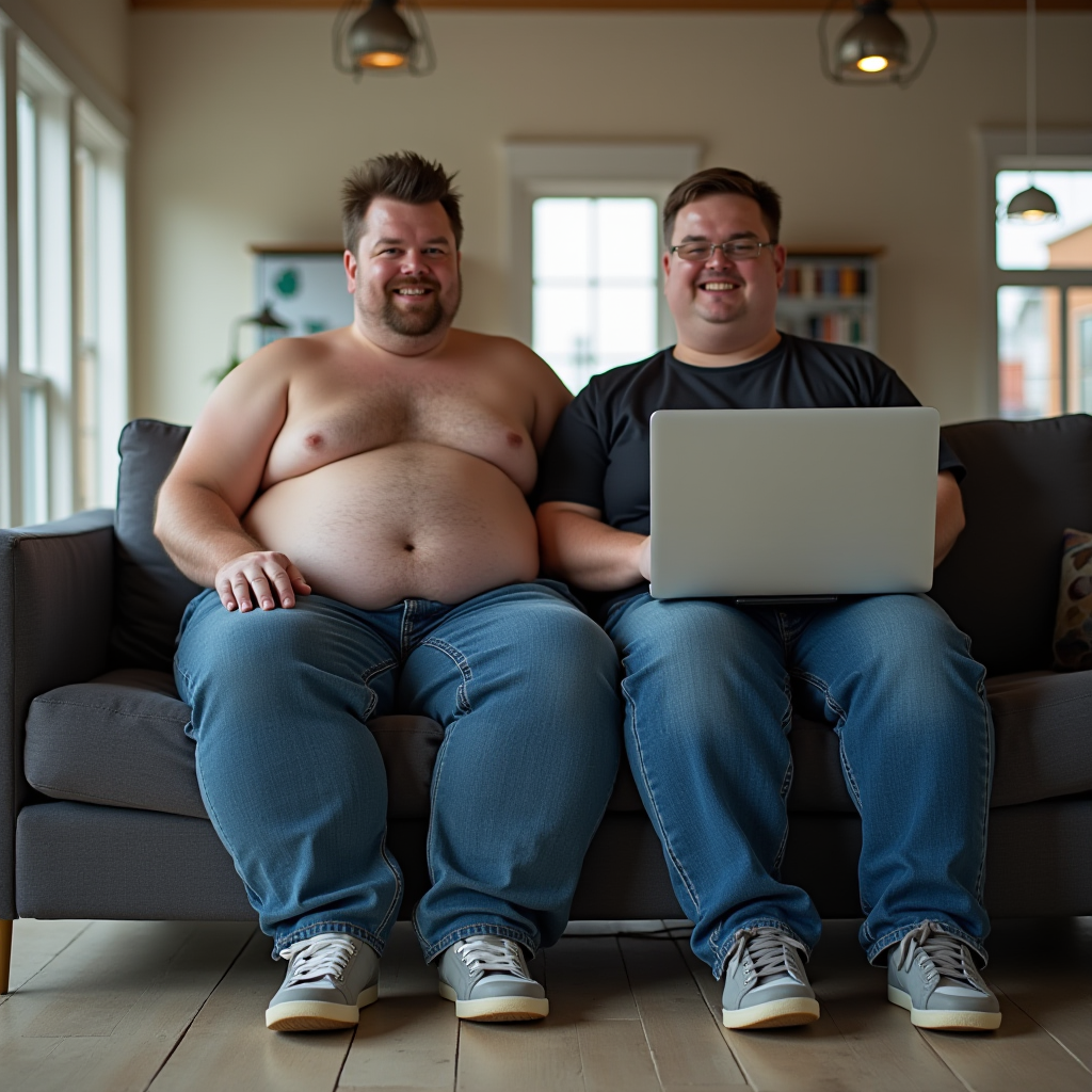 Two men sit comfortably on a couch, one shirtless, both wearing jeans and sneakers, sharing a laptop, in a warmly lit living room.