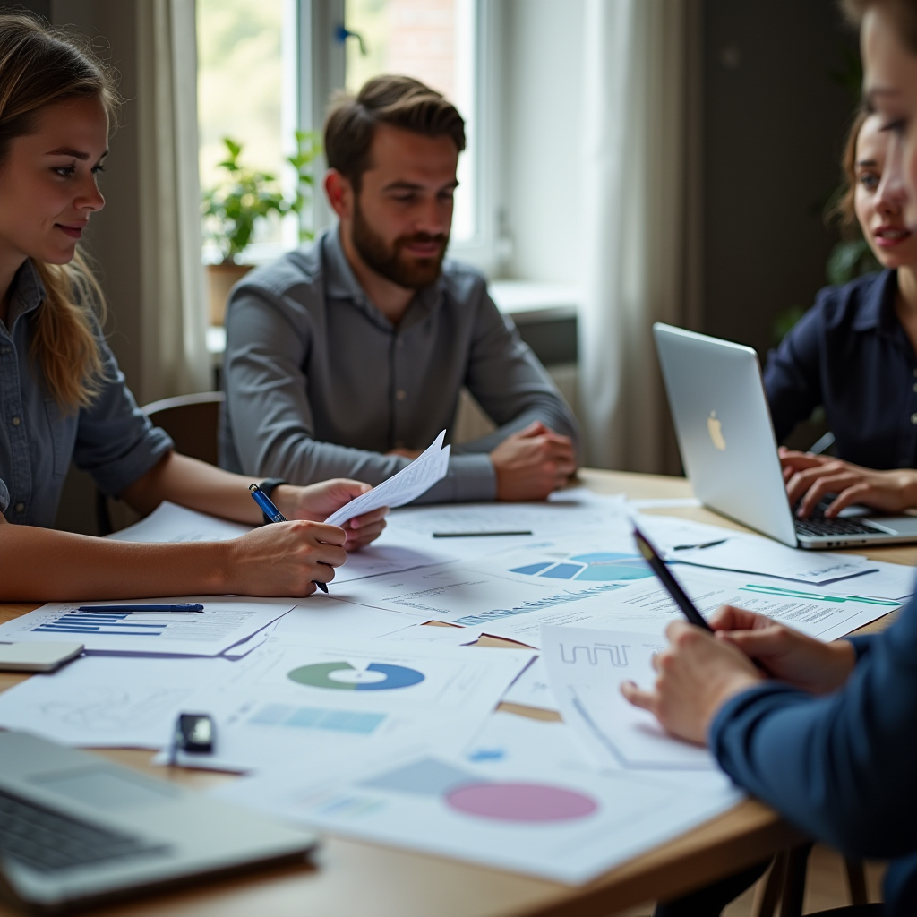 Four people are working together around a table covered with charts and a laptop.