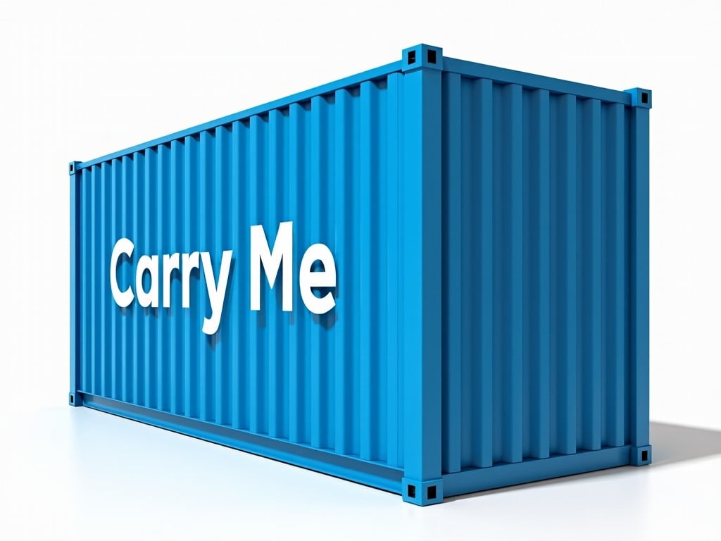 A 3D rendered image of a blue shipping container with the words 'Carry Me' on its side; bright lighting, isolated on white background.