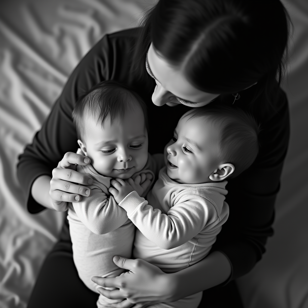 A woman lovingly holds two smiling babies, wrapped in white clothing, against a softly lit background.