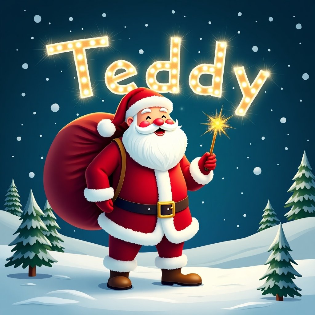 The image features a cheerful Santa Claus standing in a snowy landscape. He has a large red sack slung over his shoulder and is holding a sparkly wand. Santa is dressed in his traditional red and white outfit, complete with a belt and boots. Behind him, the night sky is illuminated with twinkling stars creating the name 'Teddy.' Pine trees dot the snowy ground, encapsulating a festive winter atmosphere. This illustration beautifully captures the joy and magic of the Christmas season.