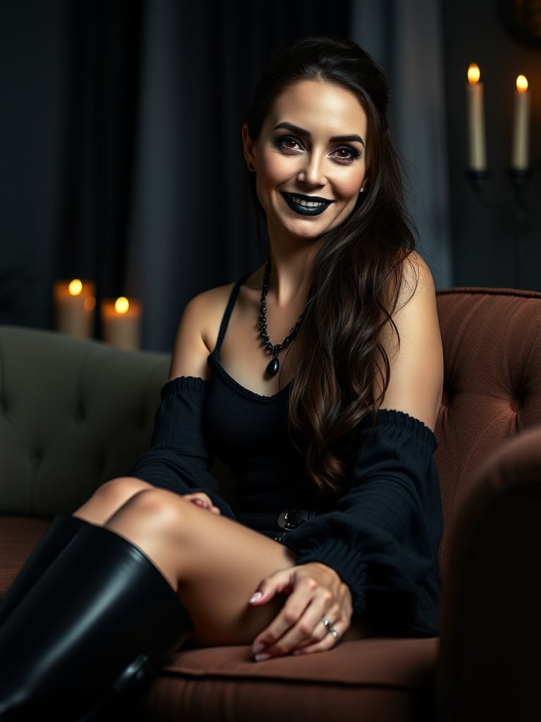 a stylish woman dressed in gothic fashion, with black lipstick, sitting on a sofa in a candlelit room, wearing a black off-shoulder dress and boots