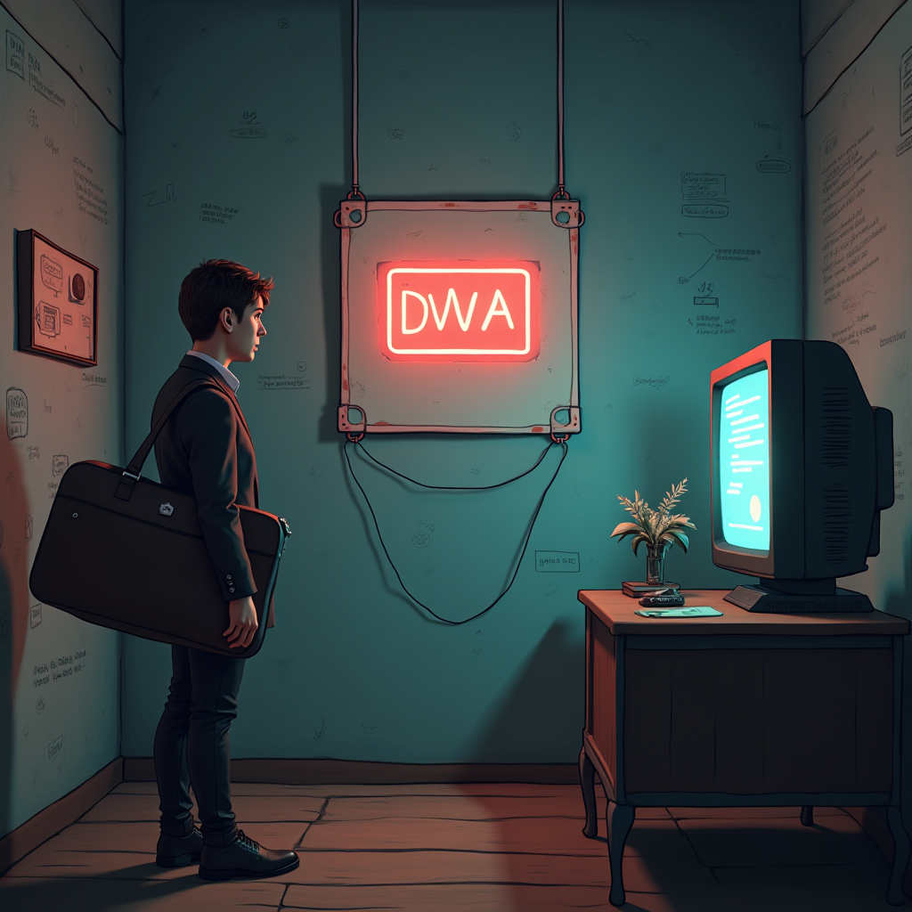 The image portrays a young man dressed in business attire, standing in a dimly lit room. He is facing a glowing neon sign on the wall that reads "DWA." The ambiance is retro-futuristic, suggesting a blend of old and new technology. The walls have various scribbles and notes, indicating brainstorming or creative writing.

To his side, there's an old-style computer on a vintage wooden table. The screen emits a blue glow, displaying an interface or document. A small plant and a few papers rest on the table, adding an organic touch to the technological setup.

The lighting is moody, with shadows cast from the neon sign and the computer screen, creating an atmosphere of intrigue and focus.