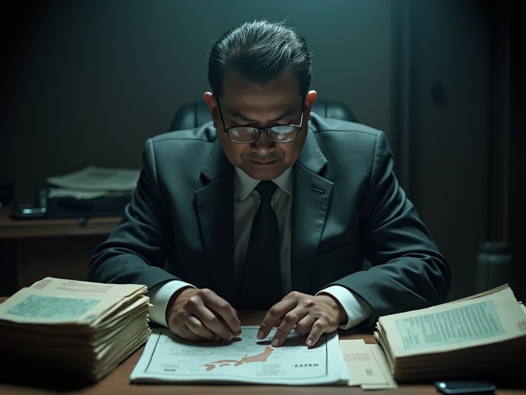 An intense scene unfolds with a Nepali minister focused on a detailed map of Japan. The environment is dimly lit, emphasizing the politician's serious demeanor. Papers are scattered around him, suggesting a complex situation regarding illegal immigration. He's tracing something on the map, indicating planning or plotting something dubious. This depiction raises questions about ethics and responsibilities in governance.