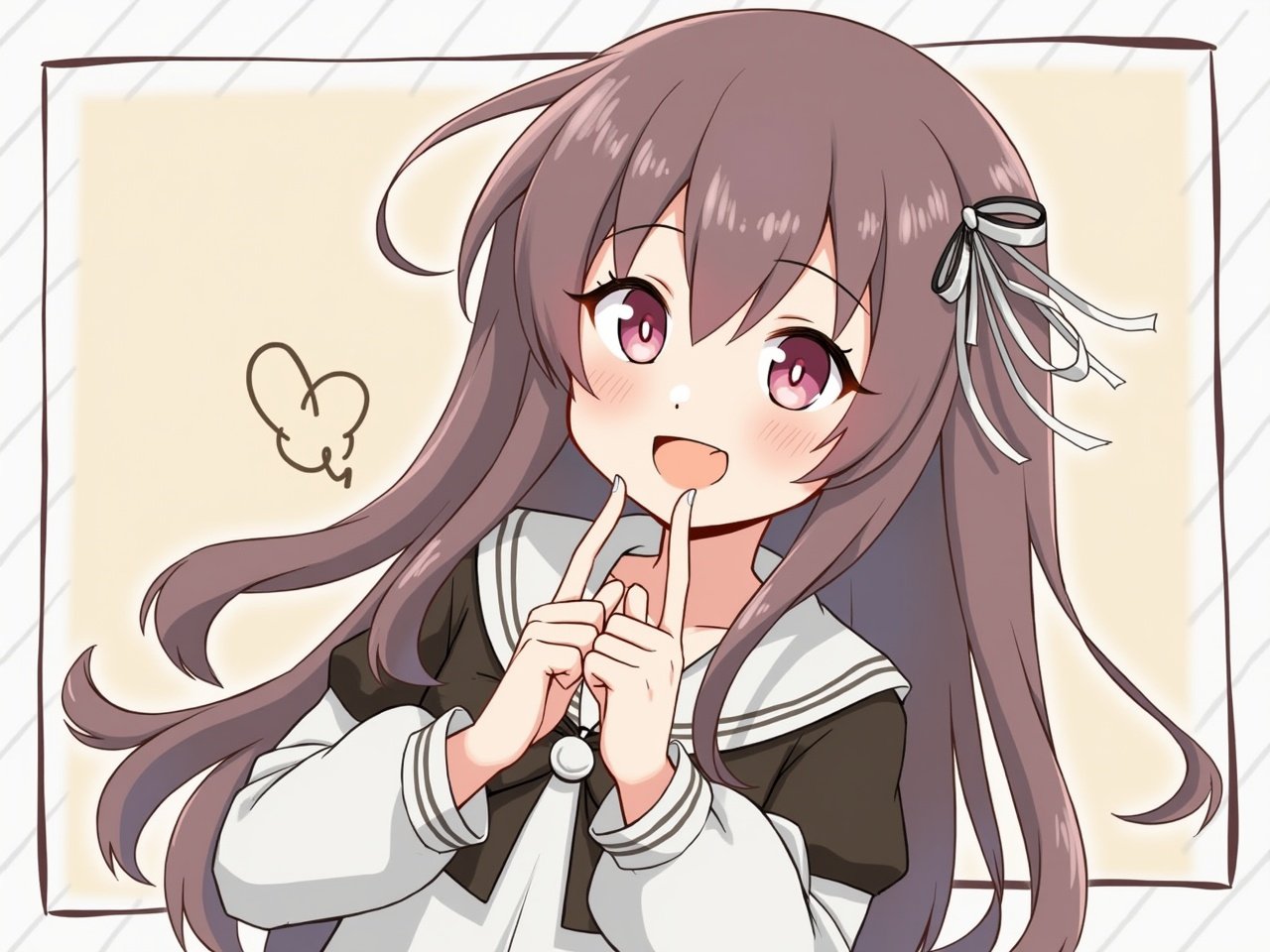 This image features a cute anime character with long, flowing hair and a cheerful expression. She is wearing a school uniform, exuding a sense of innocence and charm. The background has a soft, pastel color palette, enhancing the character's appeal. Her playful pose and gesture suggest a sense of friendliness and approachability. Overall, the illustration captures the essence of kawaii culture in anime art.