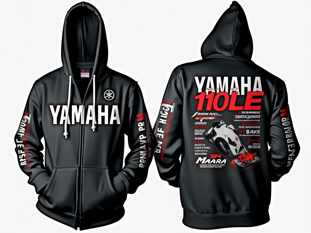 This image features a Yamaha motorcycle hoodie showcasing a stylish design. The front of the hoodie prominently displays the Yamaha text across the heart area. The back of the hoodie contains detailed information about the motorcycle, including the model number 110LE. The hoodie is predominantly black, complemented by white and red graphics, highlighting its sporty look. It caters to motorcycle enthusiasts, blending comfort with a fashionable appeal.