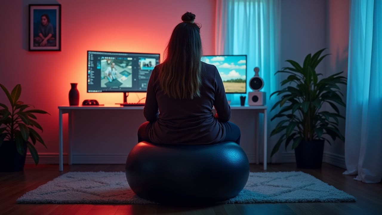 A Danish woman is seen from behind, sitting on a shiny black yoga ball in her gaming room. She is immersed in her computer screens, which display a vibrant gaming interface. The room has a contemporary design with plants adding a touch of greenery. The lighting is warm and colorful, with a mix of blue and orange hues setting a cozy mood. This scene captures the essence of a modern, relaxed gaming environment.