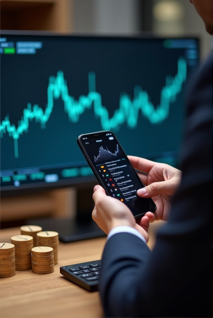 A person in a suit examines financial data on a smartphone, with a monitor displaying a stock chart and stacks of coins nearby.