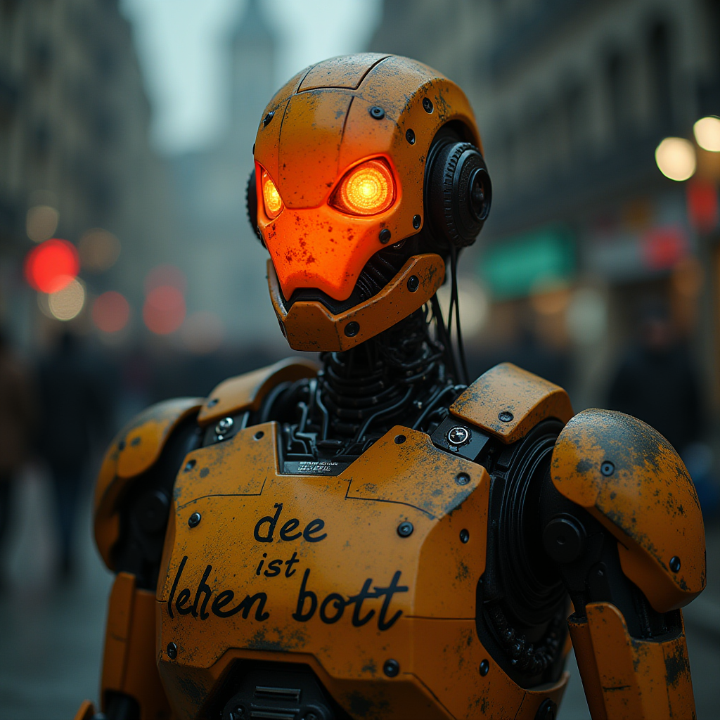 A robot with glowing orange eyes stands in a busy city street.