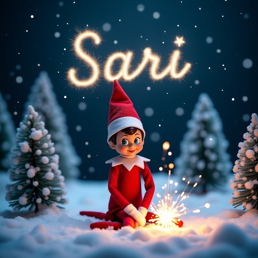 The image depicts an Elf on the Shelf sitting in a snowy nighttime landscape. The elf, dressed in traditional red and white attire, is positioned with a small sparkler creating bright sparks in front of him. In the night sky above, the name 'Sári' is written in sparkling letters. Surrounded by snow-covered evergreen trees, the setting creates a magical holiday atmosphere. The lighting is soft, highlighting the joyful expression of the elf against the snowy backdrop.