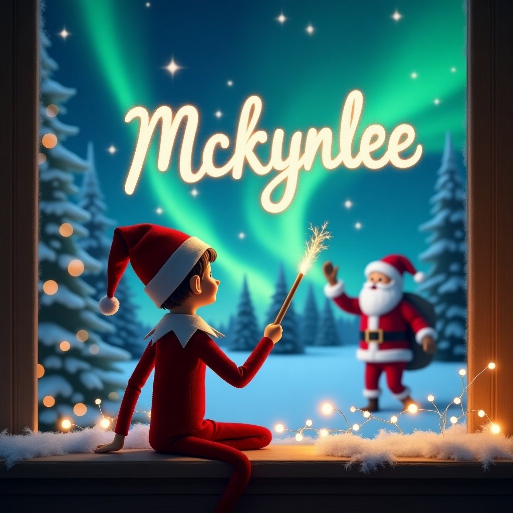 This image features an elf on the shelf, sitting with his back towards the viewer, gazing up at the night sky. He is using a sparkling wand to elegantly write the name 'Mckynlee' in the sky, surrounded by the enchanting colors of the northern lights. In the background, Santa Claus is cheerfully appearing in a winter wonderland filled with snow-covered trees. The atmosphere is magical and festive, capturing the essence of Christmas. This whimsical scene evokes feelings of joy and wonder during the holiday season.