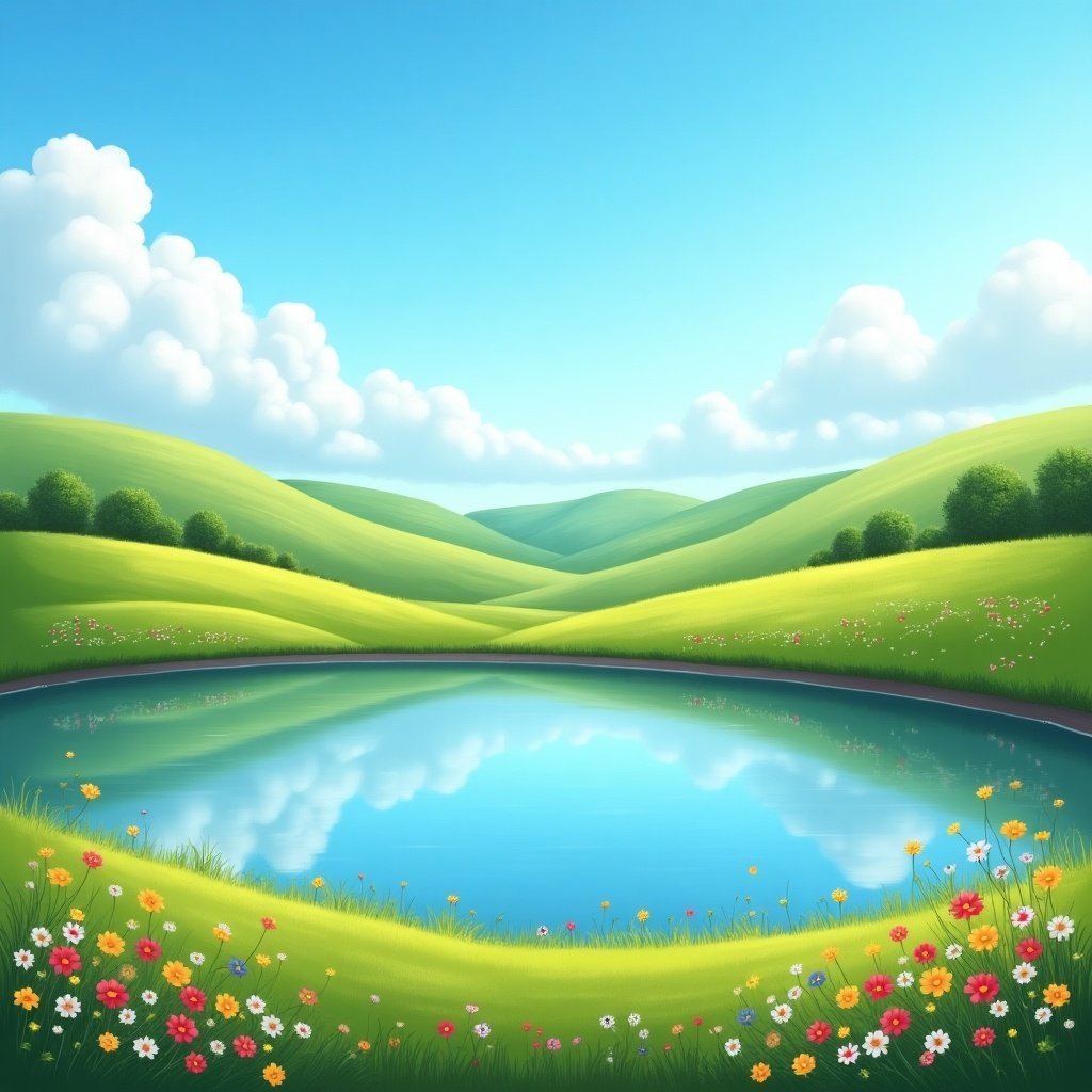 The image depicts a tranquil landscape featuring rolling green hills under a vibrant blue sky dotted with fluffy white clouds. A serene lake reflects the surrounding hills and sky, bordered by colorful flowers in the foreground. This idyllic scene suggests a peaceful and calming atmosphere, inviting viewers to immerse themselves in nature's beauty. The composition is bright and cheerful, evoking feelings of joy and serenity. Overall, it creates a perfect depiction of a sunny day in a beautiful natural setting.