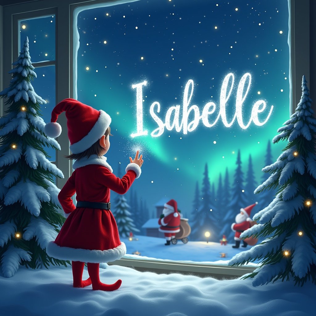 In a beautiful winter wonderland, the name 'Isabelle' is magically written in the sky by Santa. The background features a rich blue night sky filled with twinkling stars, creating a whimsical atmosphere. Surrounding the name are tall evergreen trees covered in snow, enhancing the magical feel. The white snow blankets the ground, making the scene look serene and inviting. An elf on the shelf is seen from behind, dressed in a red outfit, magically writing the name 'Isabelle' in sparkling light. In the background, Santa Claus is visible, adding to the Christmas charm. The window decor includes soft, twinkling lights, enhancing the enchanting feeling. This image evokes a sense of wonder and holiday spirit, perfect for a festive atmosphere.