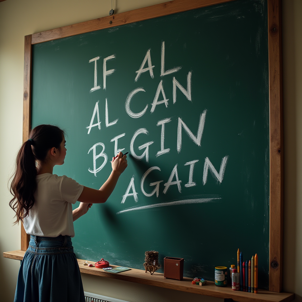 A person is writing an inspirational message on a large chalkboard.